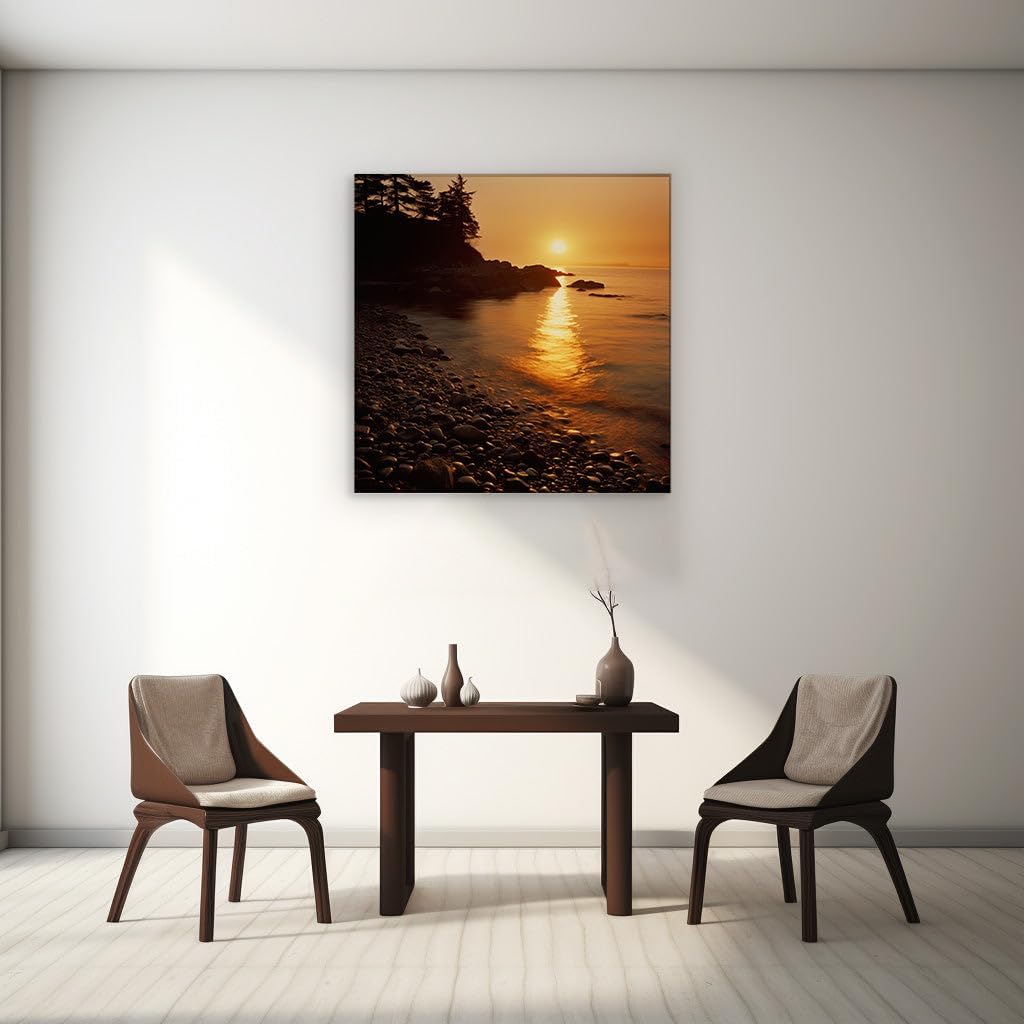 Canvas for Living room. Sunset Serenity on a Rocky Seashore, 27 x 18 inch Canvas Wall Art - Contemporary Masterpieces - Modern Home Decor