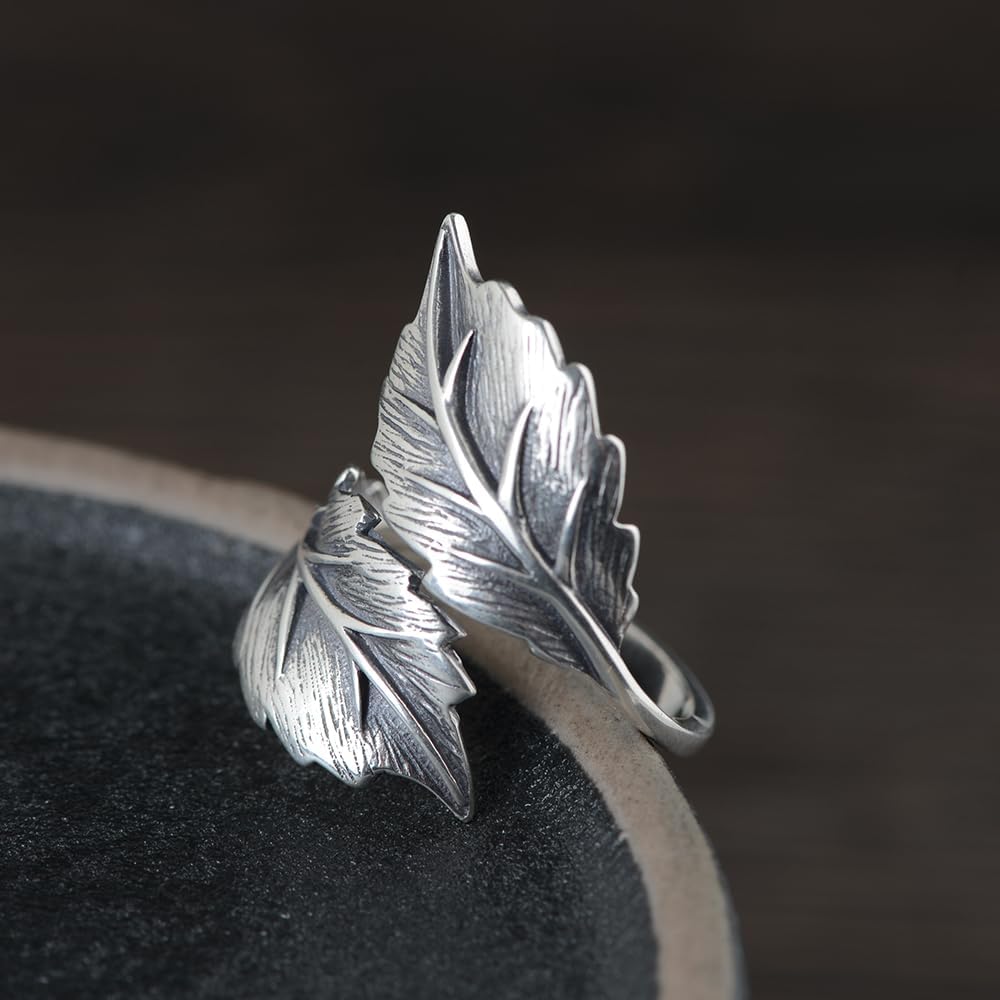 Black Leaf Ring Solid 925 Sterling Silver Tree Leaves Ring for Women Open Adjustable