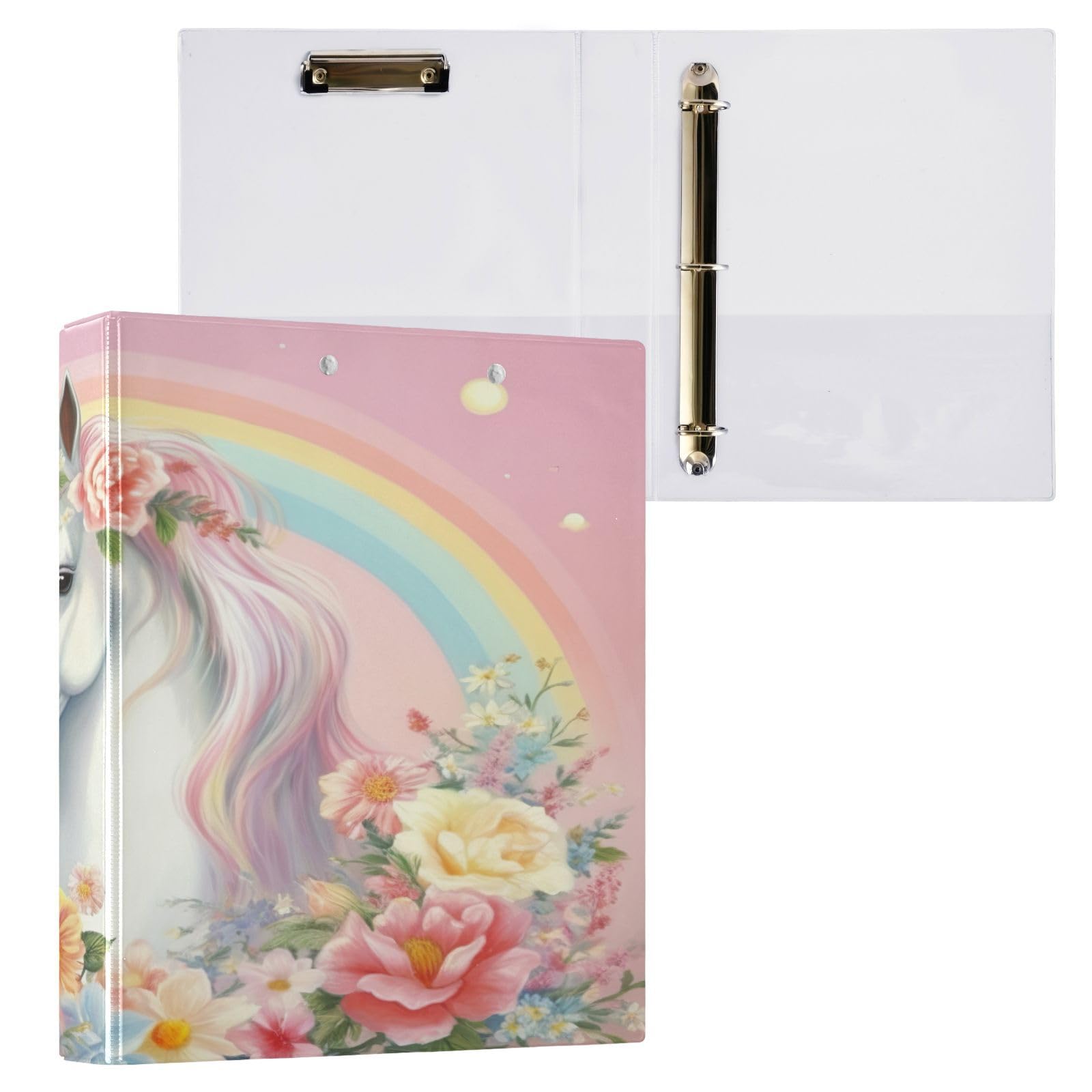 SKYSHU Unicorn - Raccoglitori a 3 anelli rotondi con 3 tasche interne trasparenti in PVC, impermeabili, robusti, con clip in metallo antiscivolo, raccoglitori versatili per 200 fogli, confezione da 2