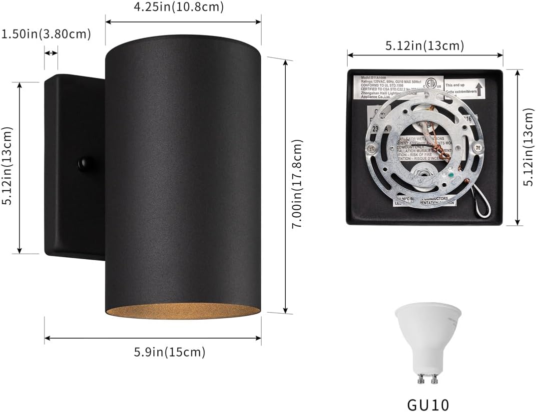 mirrea 7" Modern Outdoor Porch Wall Light with 5W LED GU10 Replaceable Bulbs in Matte Black Aluminum Cylinder Downlight Outside Sconce Pack of 2