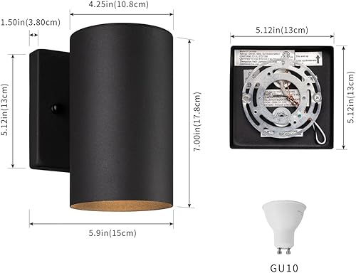 Miniatura 6 de mirrea Lámpara de pared moderna de 7 pulgadas para porche al aire libre con bombillas LED GU10 reemplazables de 5 W en cilindro de aluminio negro