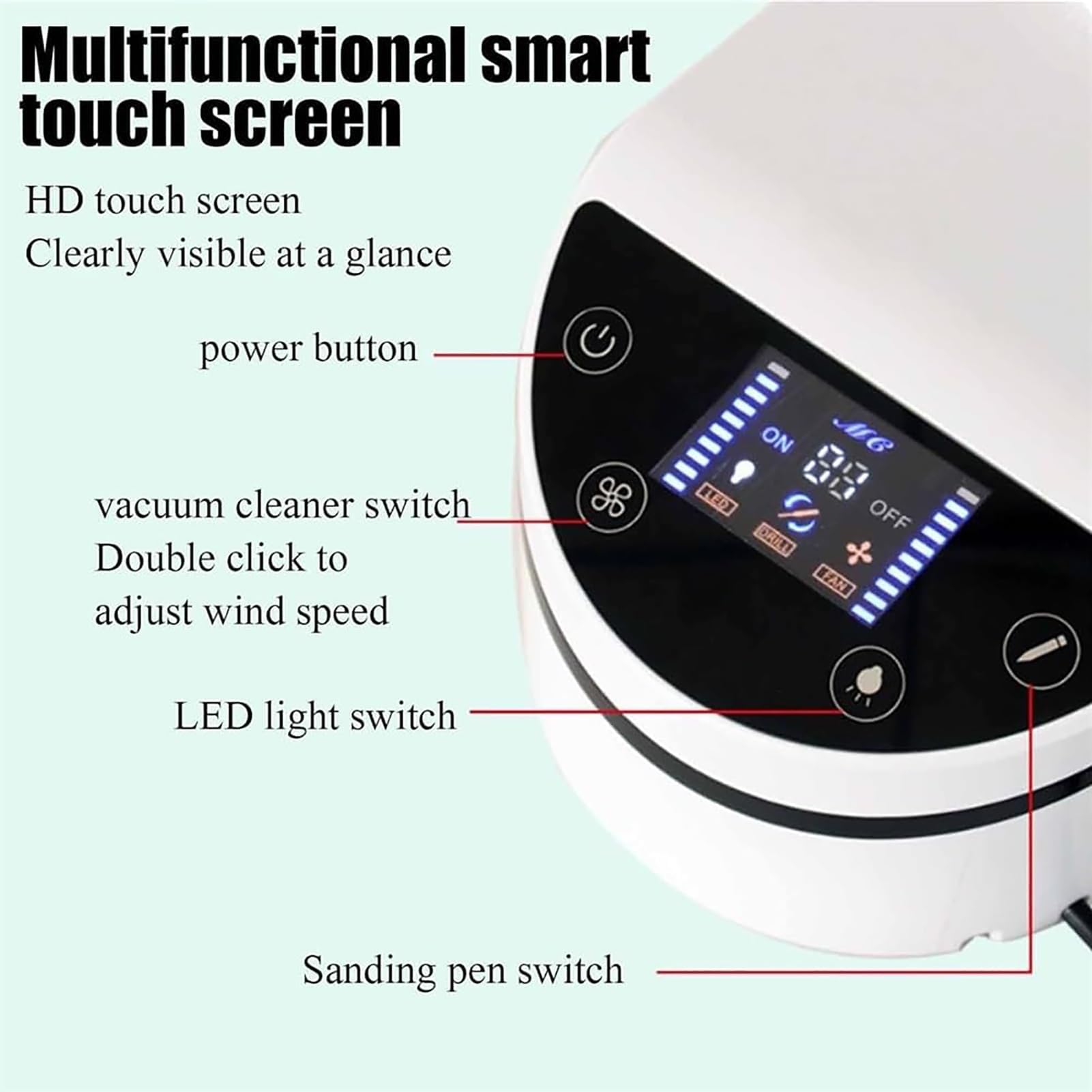Máquina colectora de polvo con lámpara LED, fuerte succión de 230 W para laboratorio dental y salón de uñas, manguera de vacío giratoria de 360°, incluye bolígrafo de pulido
