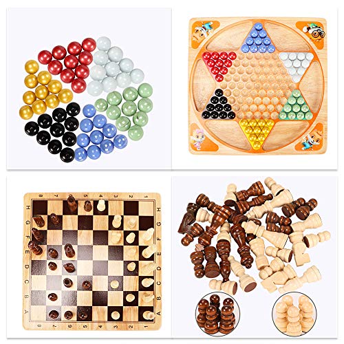 Lewo 2 in 1 Wooden Chess Set Chinese Checkers Board Table Games for Kids Adults Family.
