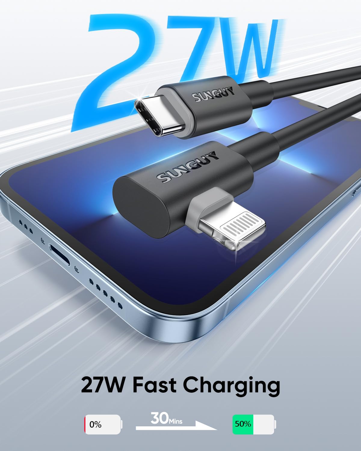 SUNGUY Câble USB C vers Lightning Angle Droit 0.5m, 2 Pièces 27W Cable iPhone Lightning 90 Degrés Câble Lightning USB C pour iPhone 14/13/12/11 Pro Max Mini XR XS 8 7 6 5 Plus, CarPlay