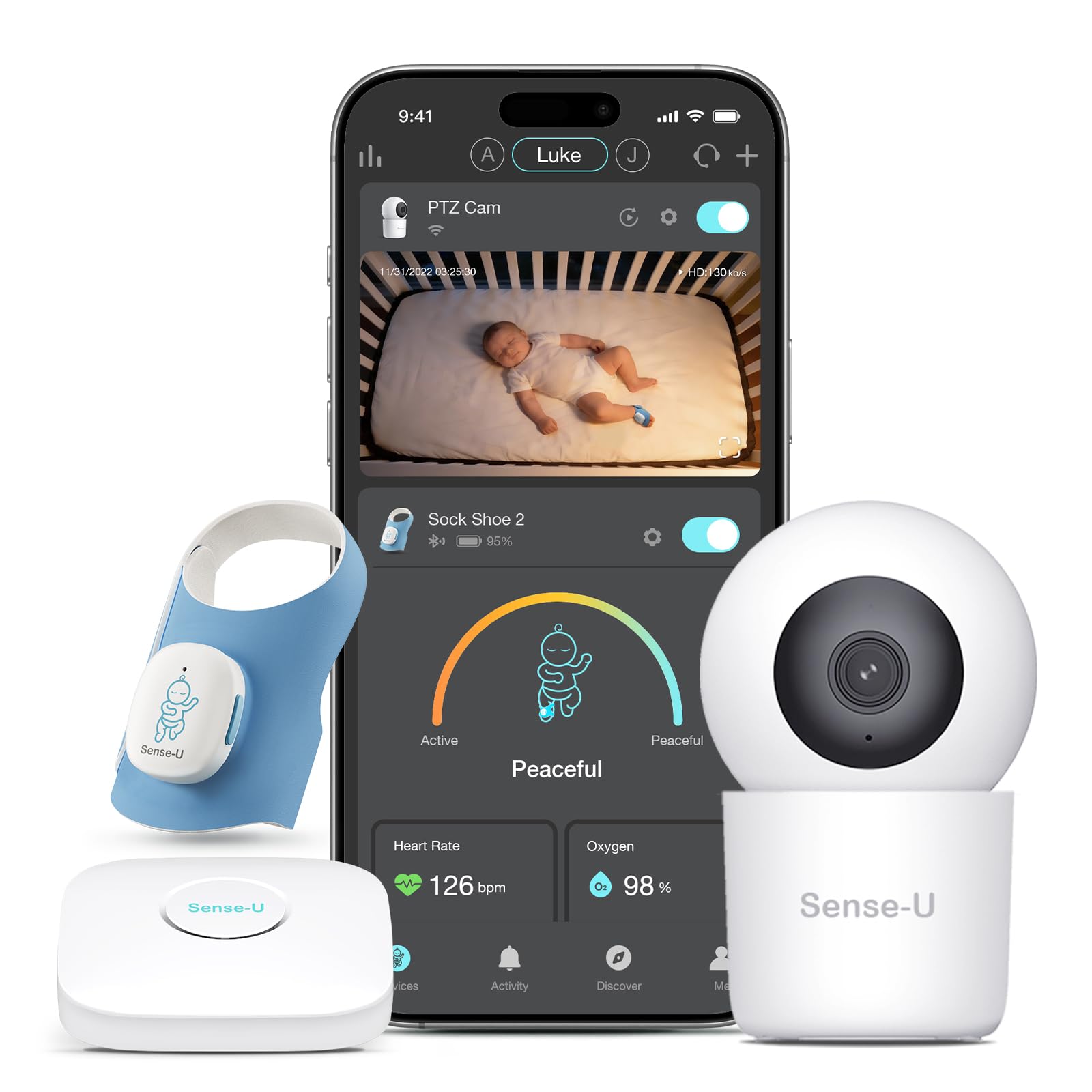 Sense-U Smart Baby Sock Shoe 2 Bundle – Traccia la frequenza cardiaca e il modello del sonno con videocamera HD 2.5K, rilevamento del grido AI e audio, per 1-18 mesi