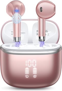Wireless Bluetooth Earbuds Noise Cancelling in Ear Buds Deep Bass Stereo, 50H Playtime with Mics, LED Display, IPX7 Waterproof Earphones for iPhone Android Laptop, Rose Gold