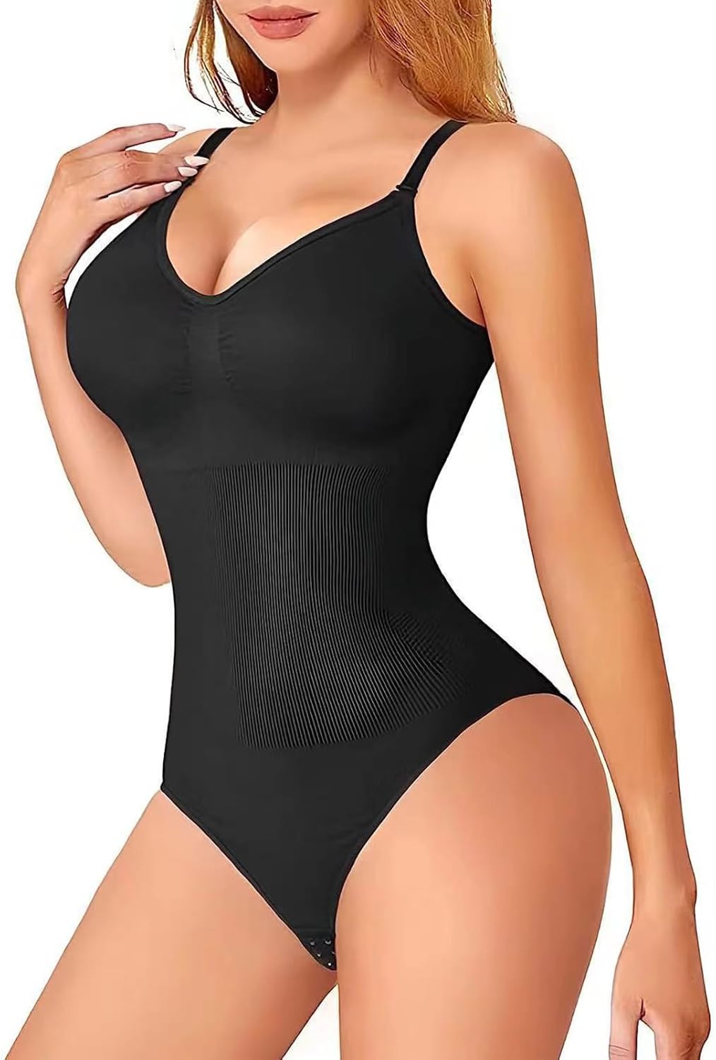 Women Shapewear Tummy Control Bodysuit for Sexy Seamless Butt Lifter Full Body Shaper Body Suits Slimming Sleeveless Tank Tops Wasit Trainer Black V Neck S-M