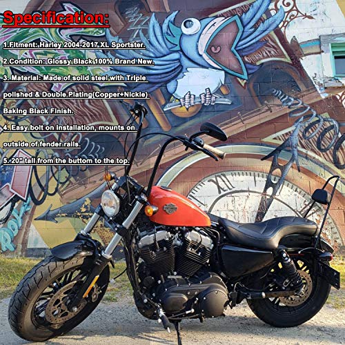 20" Tall Sissy Bar Backrest Pad Glossy Black Triple Polished Compatible With Harley 2004-2023 Sportster Xl 883 1200 Xl Models #TOP2