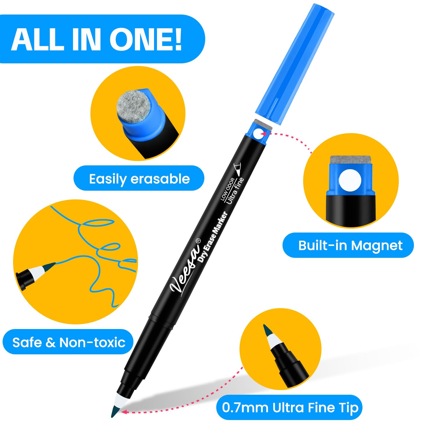 VEESA Whiteboard-Marker, trocken abwischbar, ultrafeine Spitze, 0,7 mm, magnetische Whiteboard-Marker mit Radiergummis, verschiedene Farben, geruchsarm, 12 Stück, Klassenzimmer- und Bürobedarf