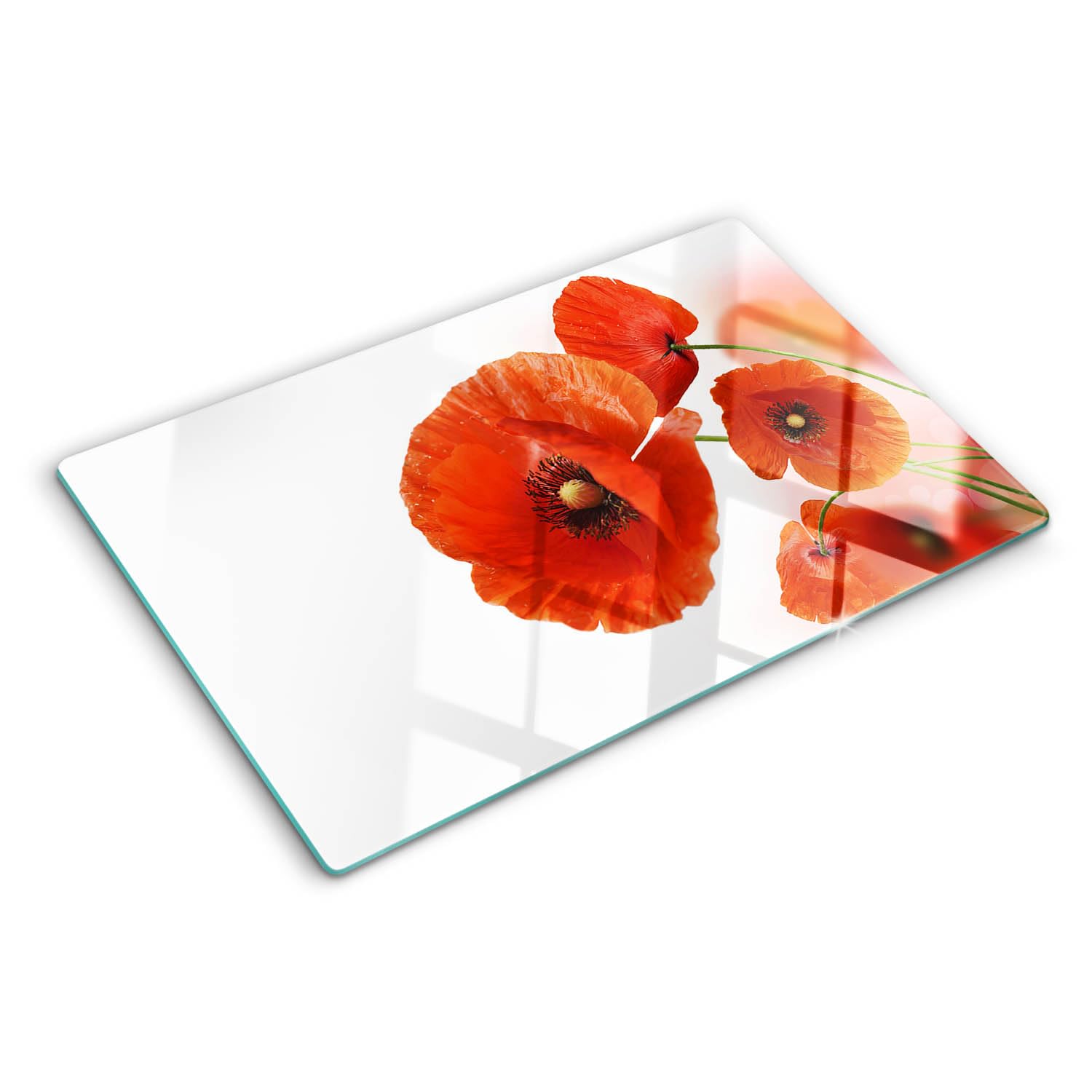 Planche à découper en verre trempé 80x52 cm motif Coquelicots, bords polis et pieds antidérapants