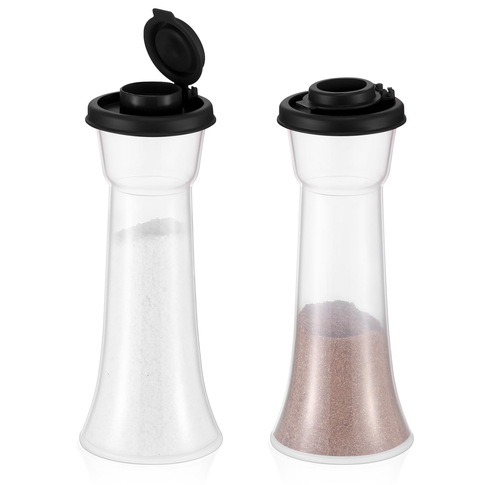 Baderke Juego de 2 saleros y pimenteros de plástico con tapa, salero y pimentero con tapa, salero y pimentero grande cubierto para camping, almuerzo, hogar, cocina, restaurante (negro)