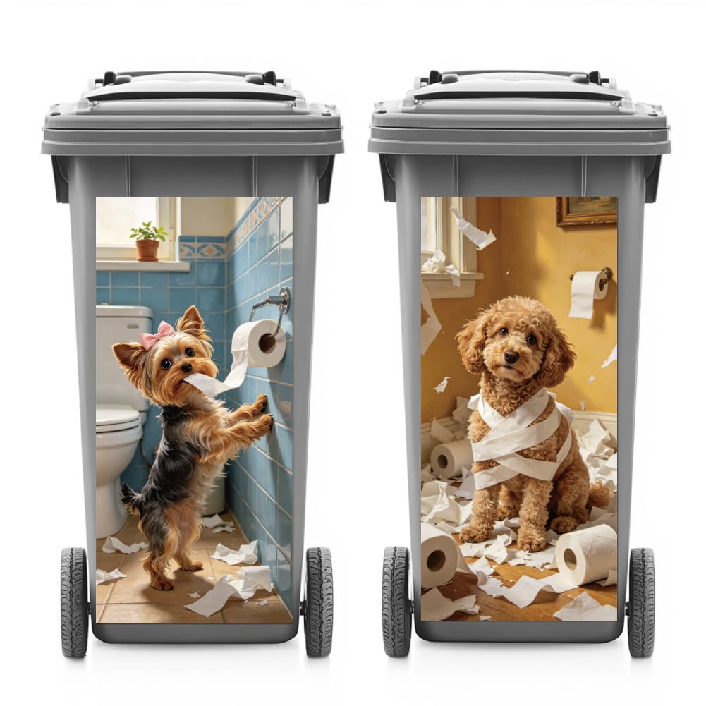 ANATTASOUL 2 Sheets Animal Wheelie Bin Stickers Mischievous Dog Waterproof Dustbin Covers Decor, 14.9"x 32.2" Adhesive Large Decal for Bins, Fridge, Wall Outdoor, Indoor Decoration