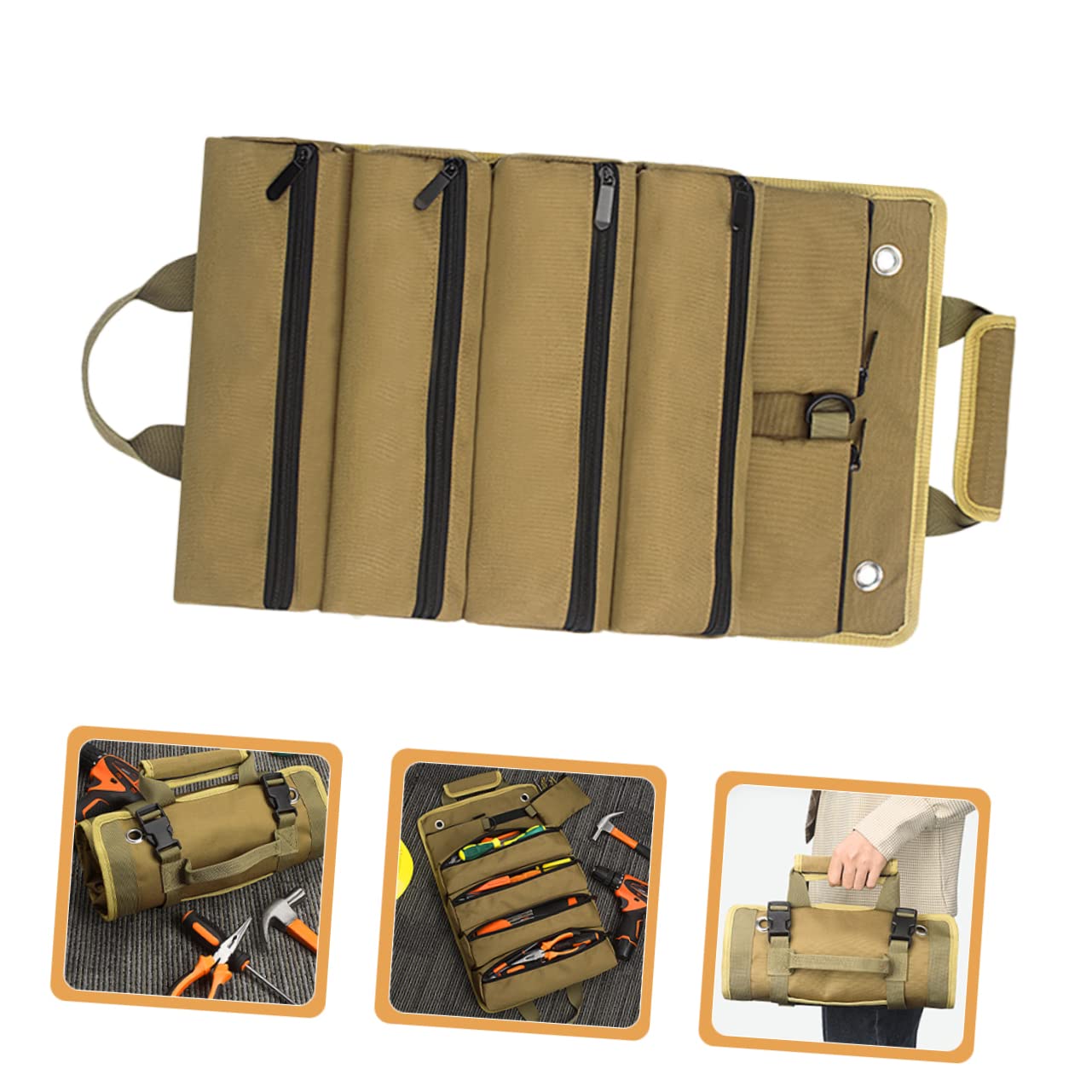 EXCEART Rotolo Kit Di Attrezzi Da Elettricista Marsupio Borsa Pesante Organizzatore Di Chiavi Hardware Pieghevole Custodia Per Attrezzi Dovere In Movimento Riparazione Panno Oxford Cachi