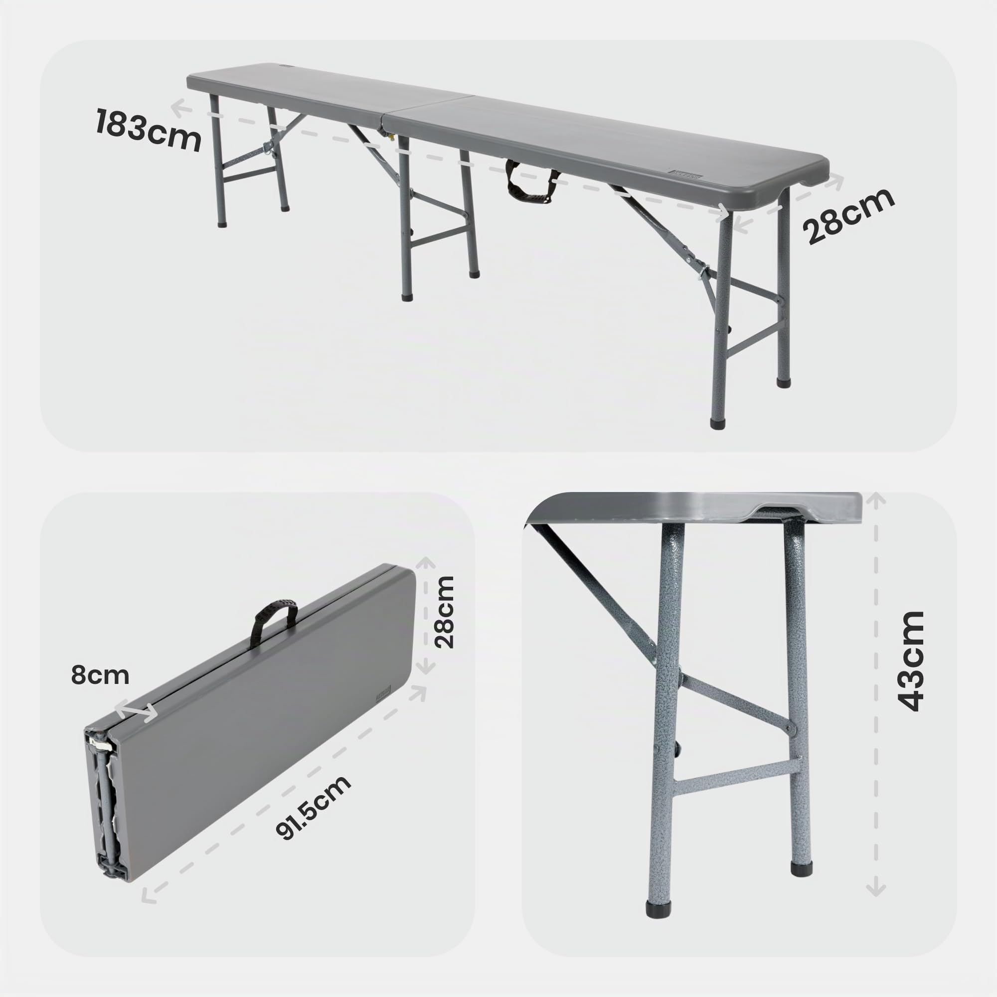 AREBOS Set 2 panchine pieghevoli da birra con maniglia per trasporto 183 x 28 x 43 cm | Ideali per campeggio, giardino e feste | Antracite