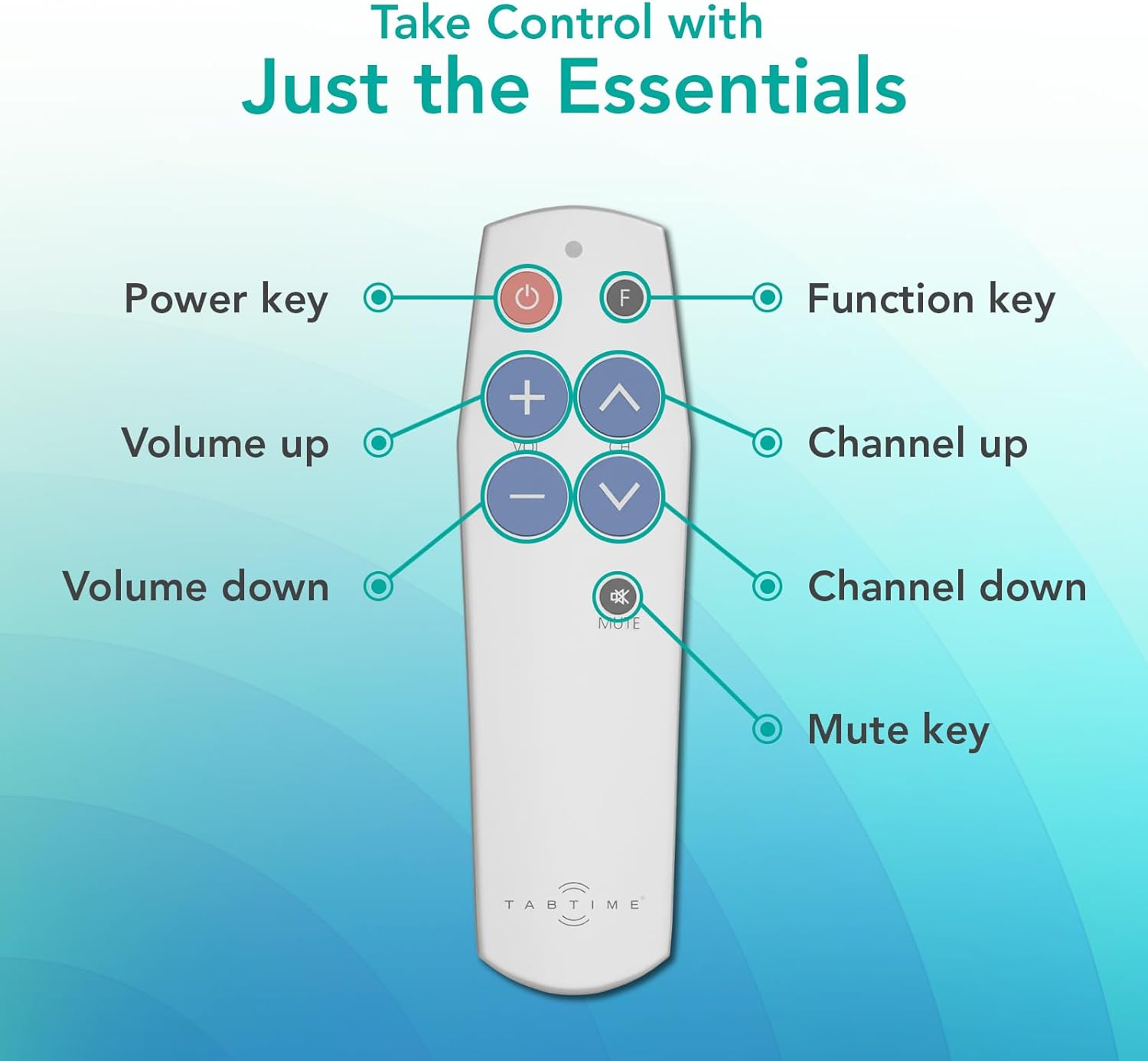 Diagram of TabTime Big Button TV Remote Control showing Power key, Function key, Volume up/down, Channel up/down, and Mute key.