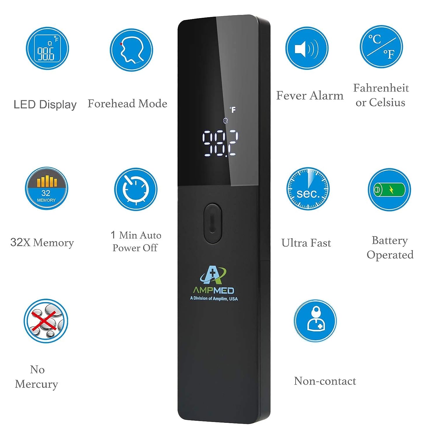 Amplim 2-Pack Hospital & Medical Grade Non Contact Digital Infrared Forehead Thermometer for Babies, Kids, and Adults.