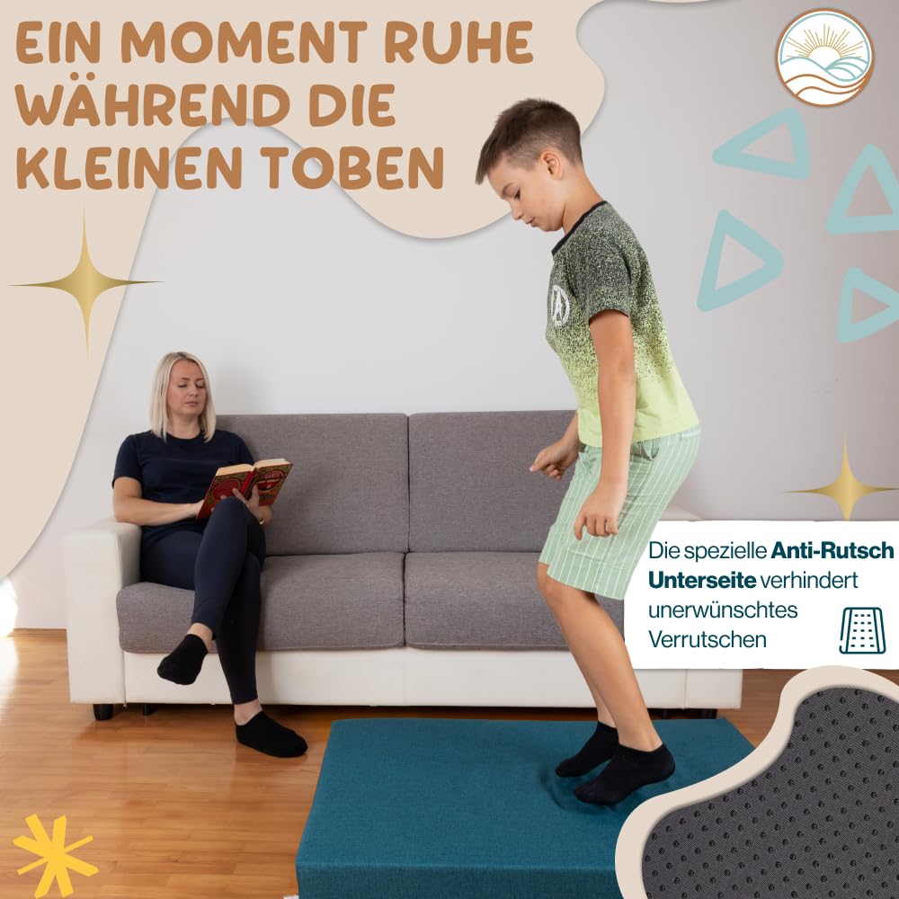 Hüpfpolster für Kinder – Sichere Hüpfmatratze & Oeko-TEX zertifiziertes Hüpfkissen | Made in EU, waschbar & Anti-Rutsch | Freude für Kinder & Entspannung für Eltern - 100x75x18 cm (Petrol)