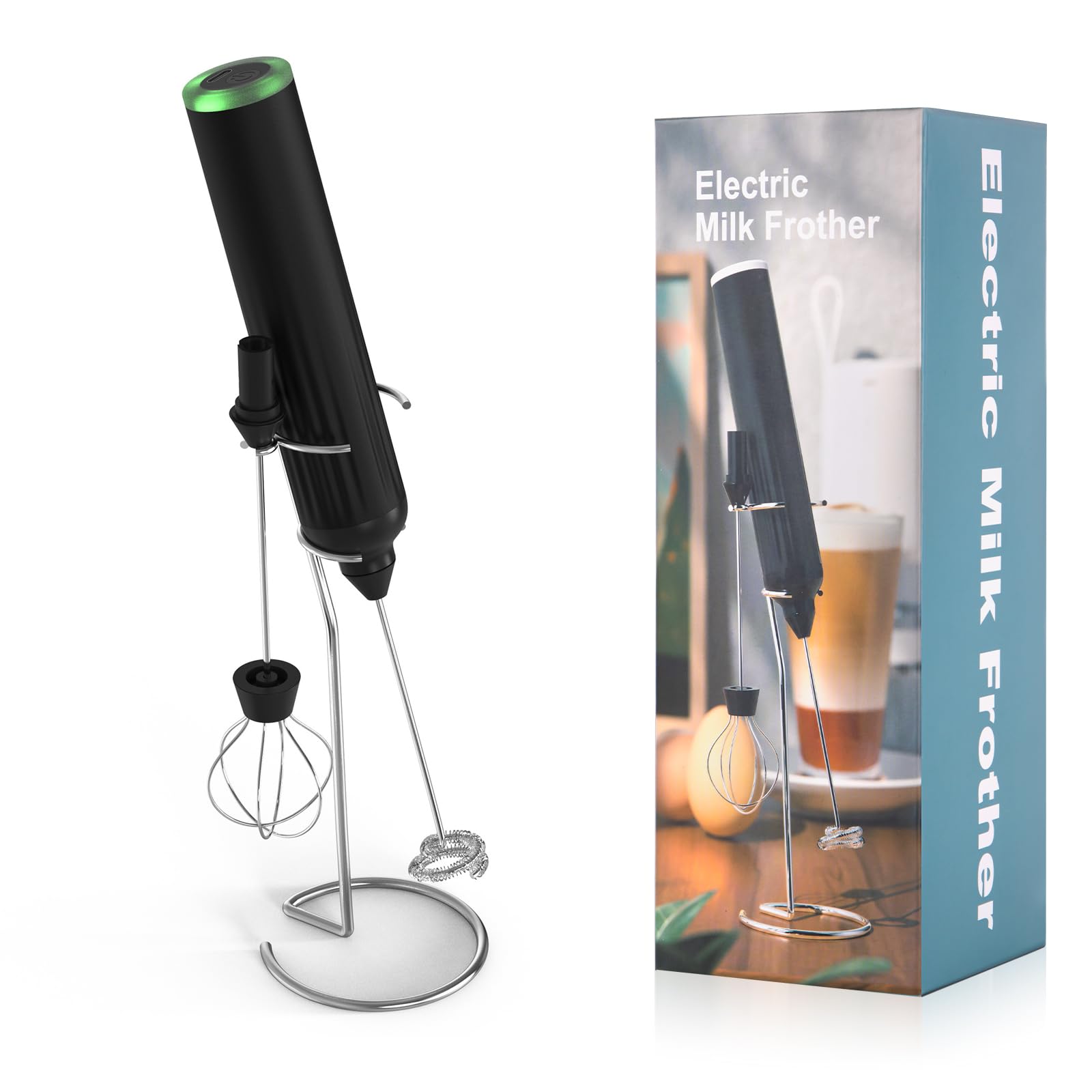 Lychico Rechargeable Milk Frother Handheld Foam Maker with Stainless Whisk and Stand, Powerful 2 Heads 3 Speeds Fast Handheld Drink Mixer for for Latte, Cappuccino, Hot Chocolate, Egg, Black