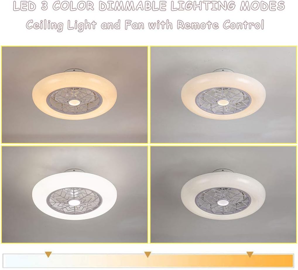 Cheap Ceiling Fan with Lights 20 Round Ceiling Lighting Fan with Remote Control Dimming 36W LED Ceiling Light 3 Speed Adjustable Semi Embedded Ceiling Fan with Invisible Acrylic Blades Lampshade (White)