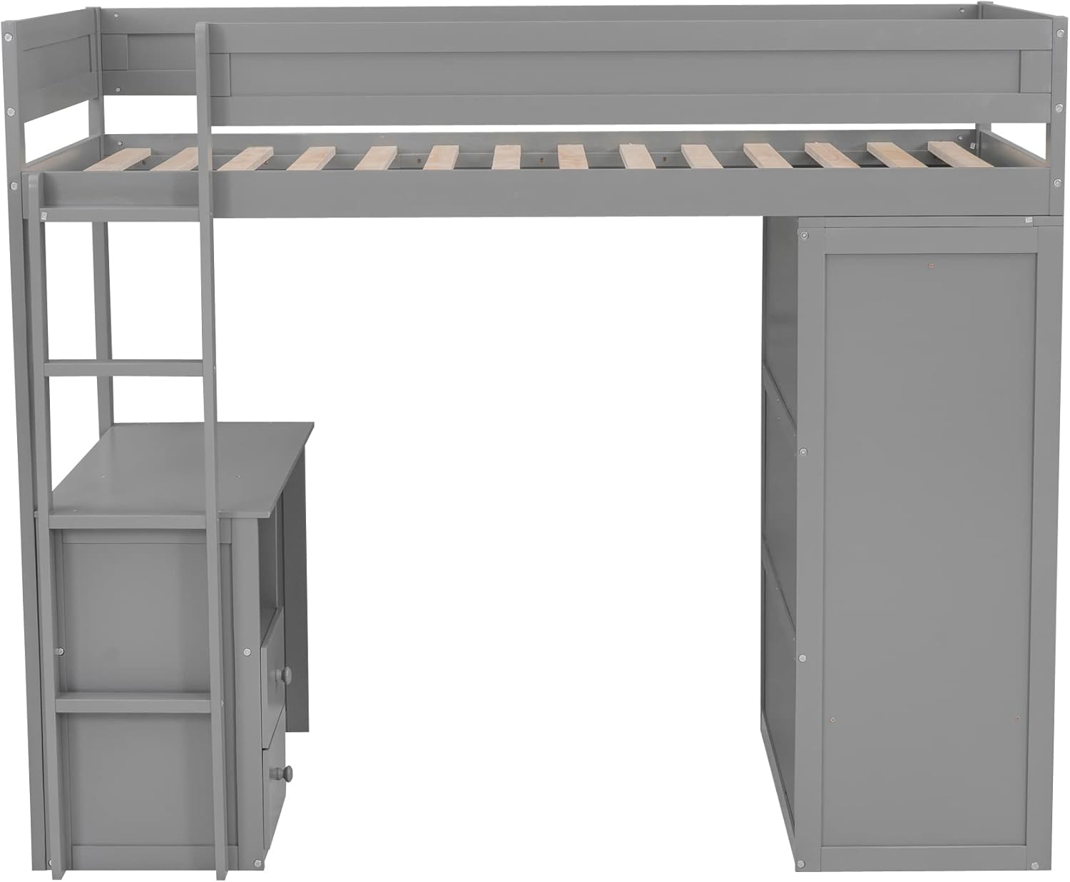 SOFTSEA Twin Loft Bed with Desk, Solid Wood Loft Bed with Wardrobe and Storage Drawers, High Loft Bed Frame with Sliding Door Wardrobe & Hanging Rod for Kids Teens Adults, Grey