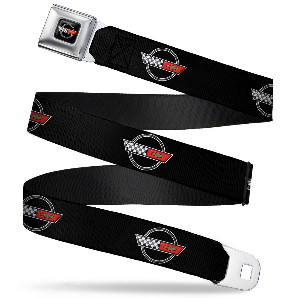 GM General Motors Belt, Seatbelt Buckle Belt, Corvette C4 Checker Bowtie Logo Black, 44 to 63 Inches