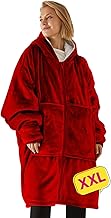 XXL Hooded Blanket - Plaid with Sleeves, Wearable Fleece Blanket, Oversized Women's Sweatshirt, Blanket Hoodie - Comfortable and Soft - Perfect for Winter Nights on the Sofa (Red Zipper XXL)
