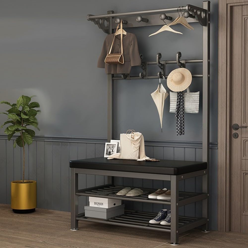 Porte-manteau en métal noir avec banc à chaussures intégré pour couloir