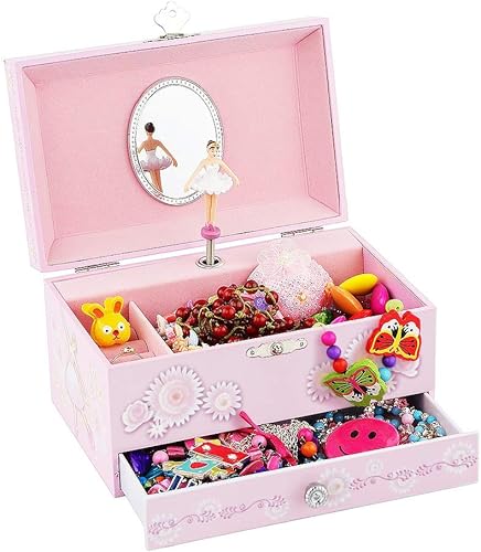 Miniatura 5 de RR ROUND RICH DESIGN Joyero musical para niñas con cajón y juego de joyas con tema de bailarina color rosa cisne