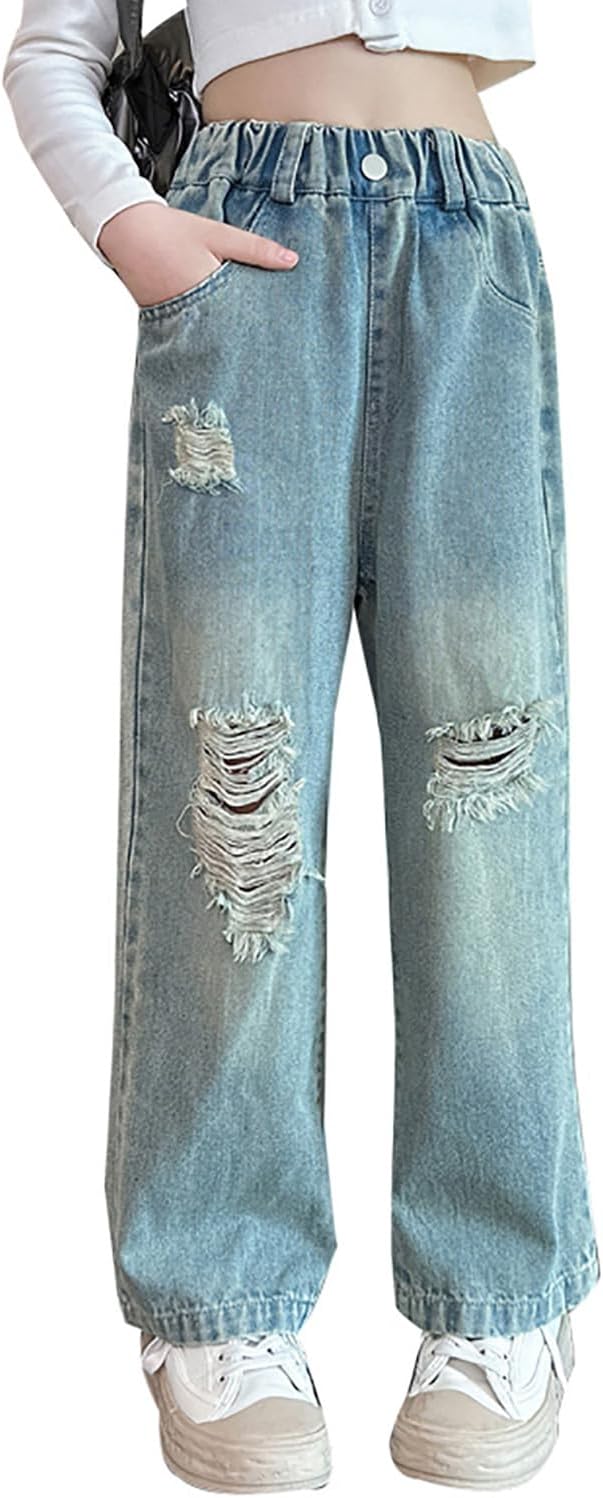 AOWKULAE Girls Jeans Elastic Waist Wide Leg Pants Kids Jeans 4-14 Years
