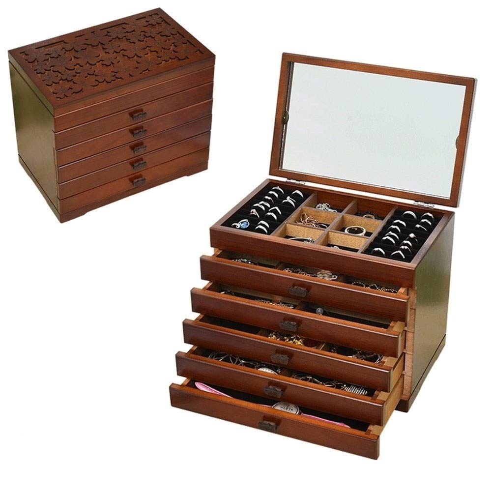 OZBMA Jewelry Storage Box for Women Wooden High Capacity with Mirror Vintage Versatile Showcase New Year Presents