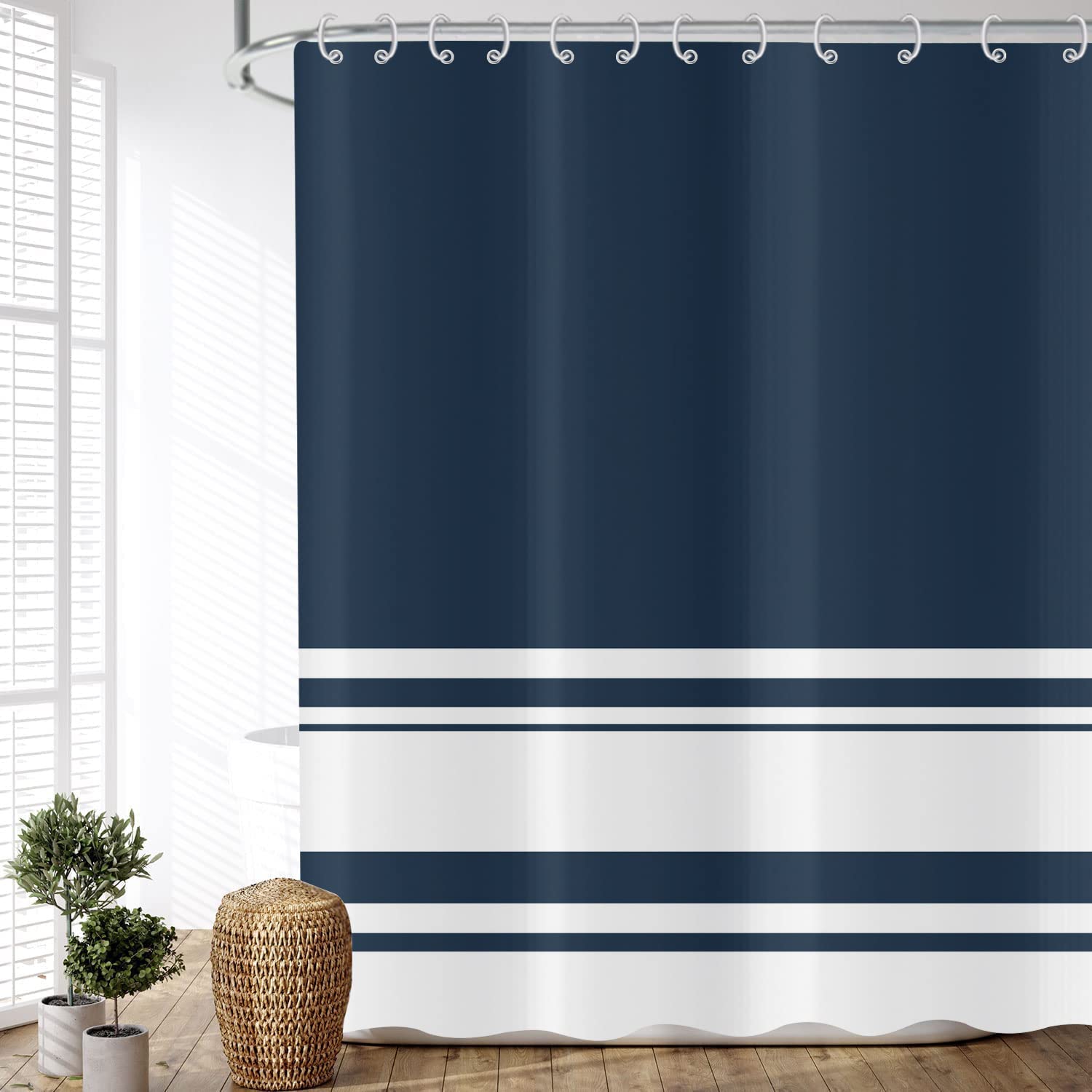 ASDCXZ Shower Curtain Blue 165x180 cm, Modern Geometry Navy Blue White Stripe Motif Waterproof Textile Bath Shower Curtains Washable Polyester Fabric Shower Curtain for Bathtub with 12 Hooks โ image 1