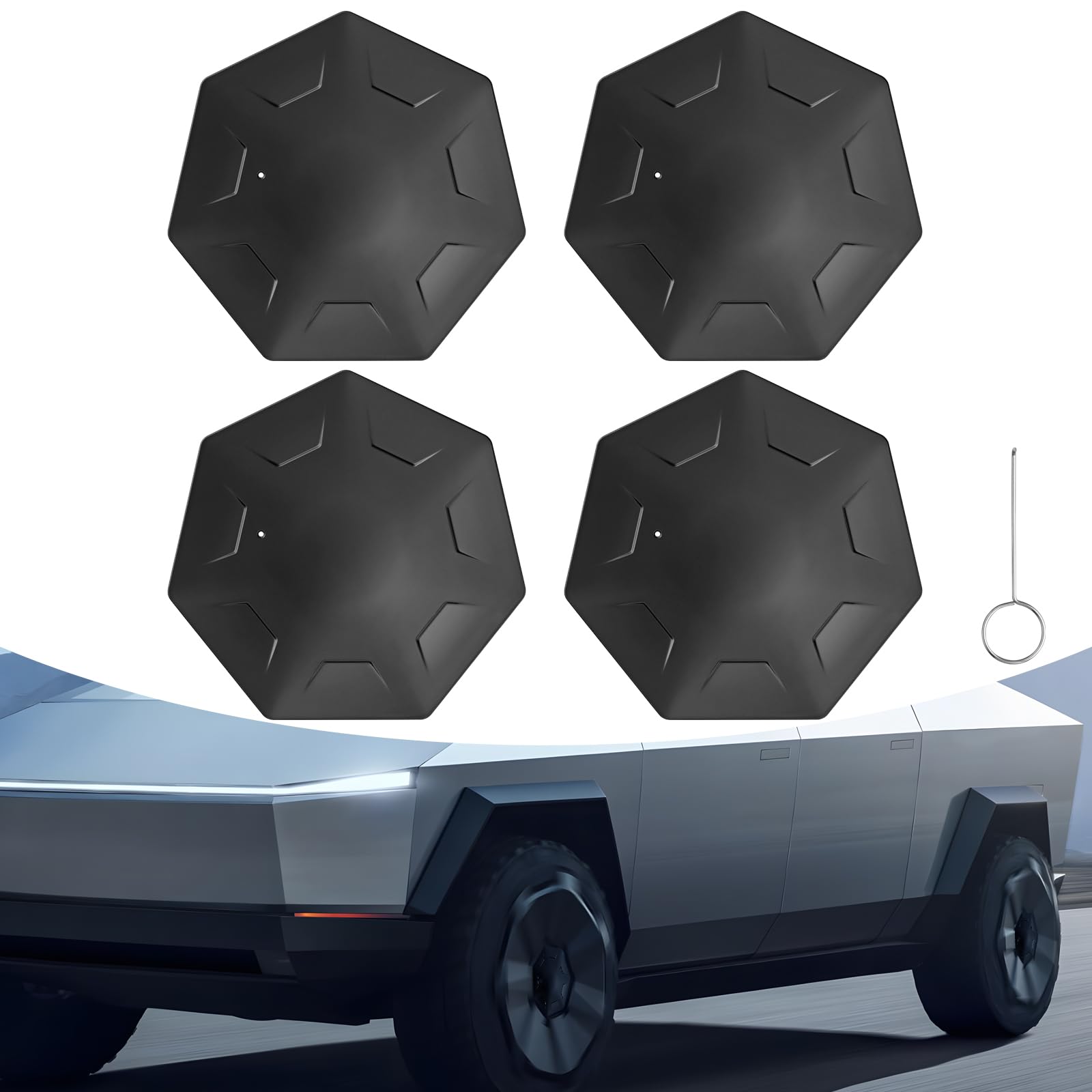 EYPINS 4PCS Wheel Center Caps for Tesla Cybertruck 2024, Full Covered Hub Cover Caps, Heptagonal Hubcaps for Cybertruck Accessories Black, Snap-on for Installation, Waterproof