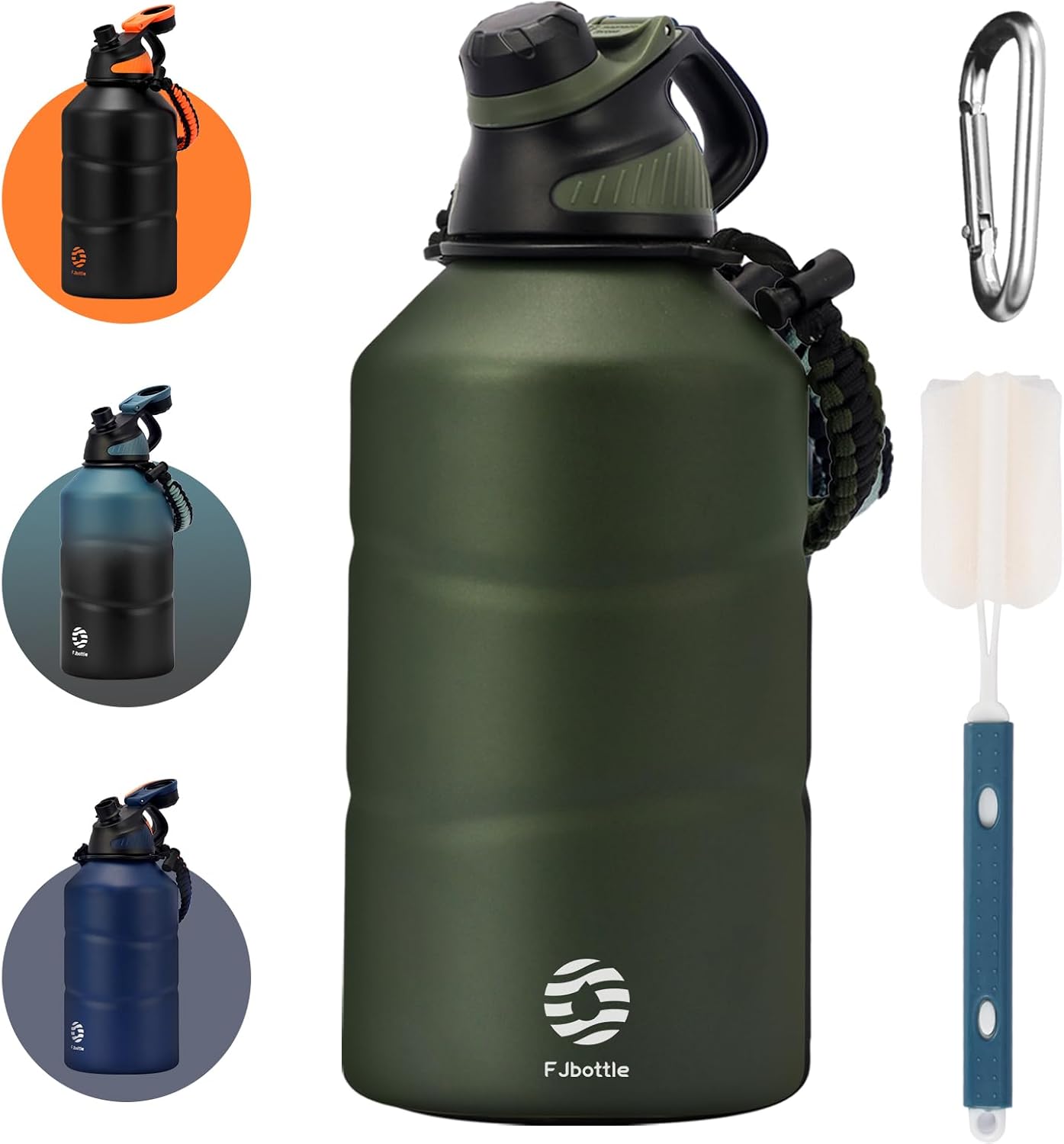 Fjbottle Insulated Half Gallon Water Bottle 64oz with Magnetic Lid,Stainless Steel Double-Wall Vacuum Leak Proof Sports Insulated Jug Keep Water Hot & Cold for Outdoor,Gym Armygreen