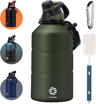 Fjbottle Insulated Water Jug with Magnetic Lid, Large Wide Mouth Insulated Water Bottle Leak Proof Stainless Steel Double-Wall Vacuum Sports Flask with Paracord Handle,1.9 L Army Green