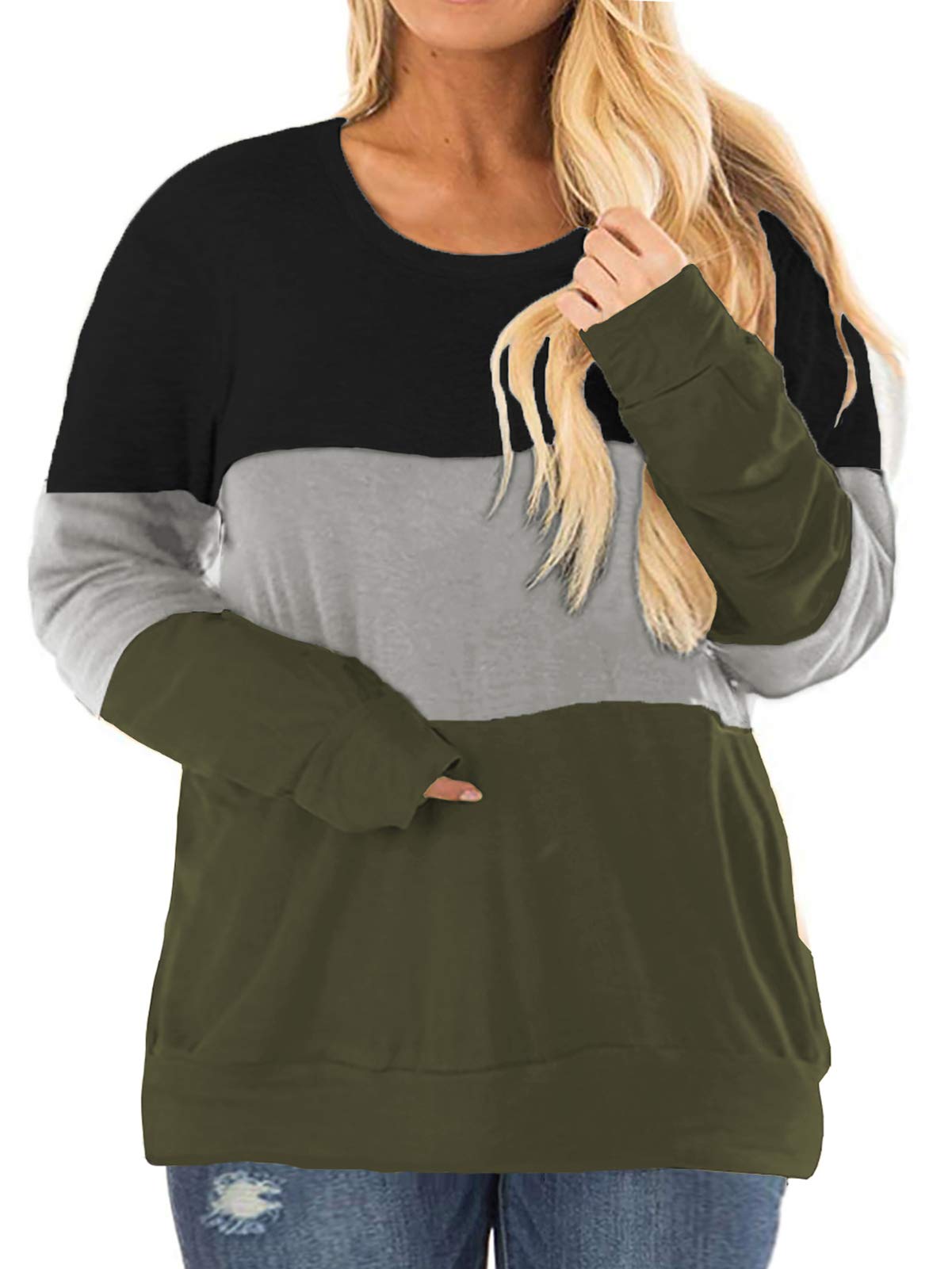 VISLILYPlus-Size Tops for Women Long Sleeve Shirts Color Block Tunics