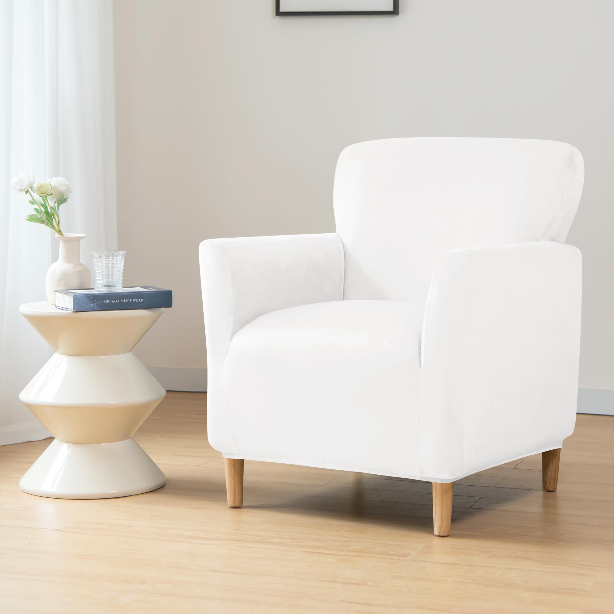 SHANNA Banquet Velvet Armchair Slipcovers: Mid Century Luxury 1Piece Chair Covers Super Soft Jacquard with Elastic Bottom Furniture Protector for Living Room Bedroom (Cream) - Image 4