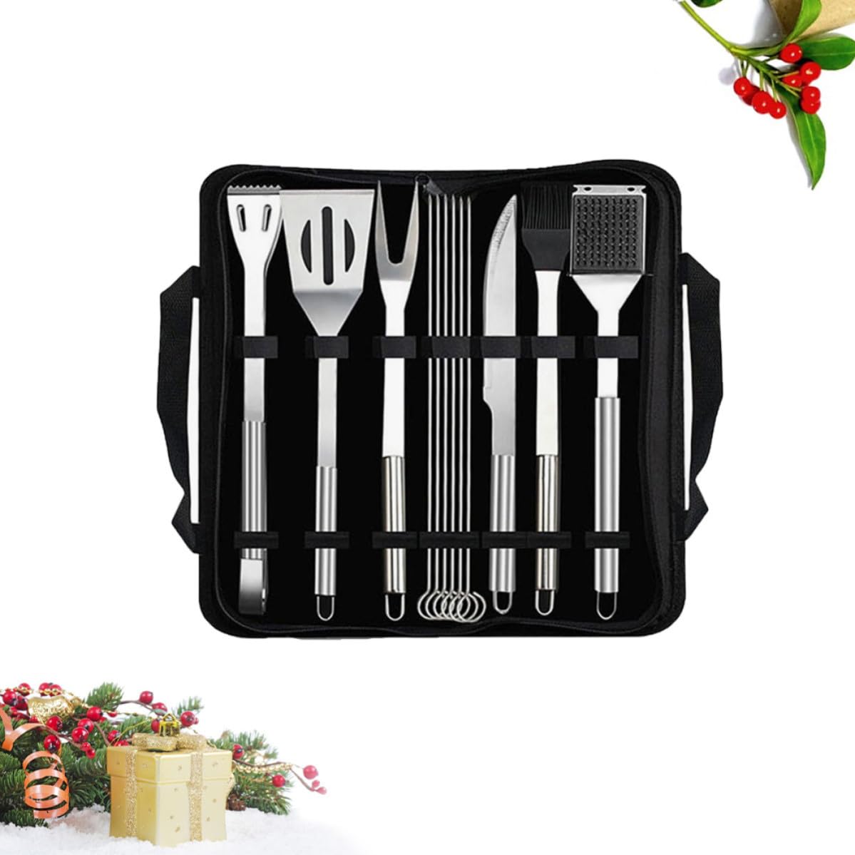 Kit de Herramientas de Acero Inoxidable 12 Piezas para Barbacoa | Bolsa Negra de Tela y Silicona, para Camping y Picnic, Incluye Pala, Pinzas, Cuchillo, Tenedor, Brocha y Cepillo