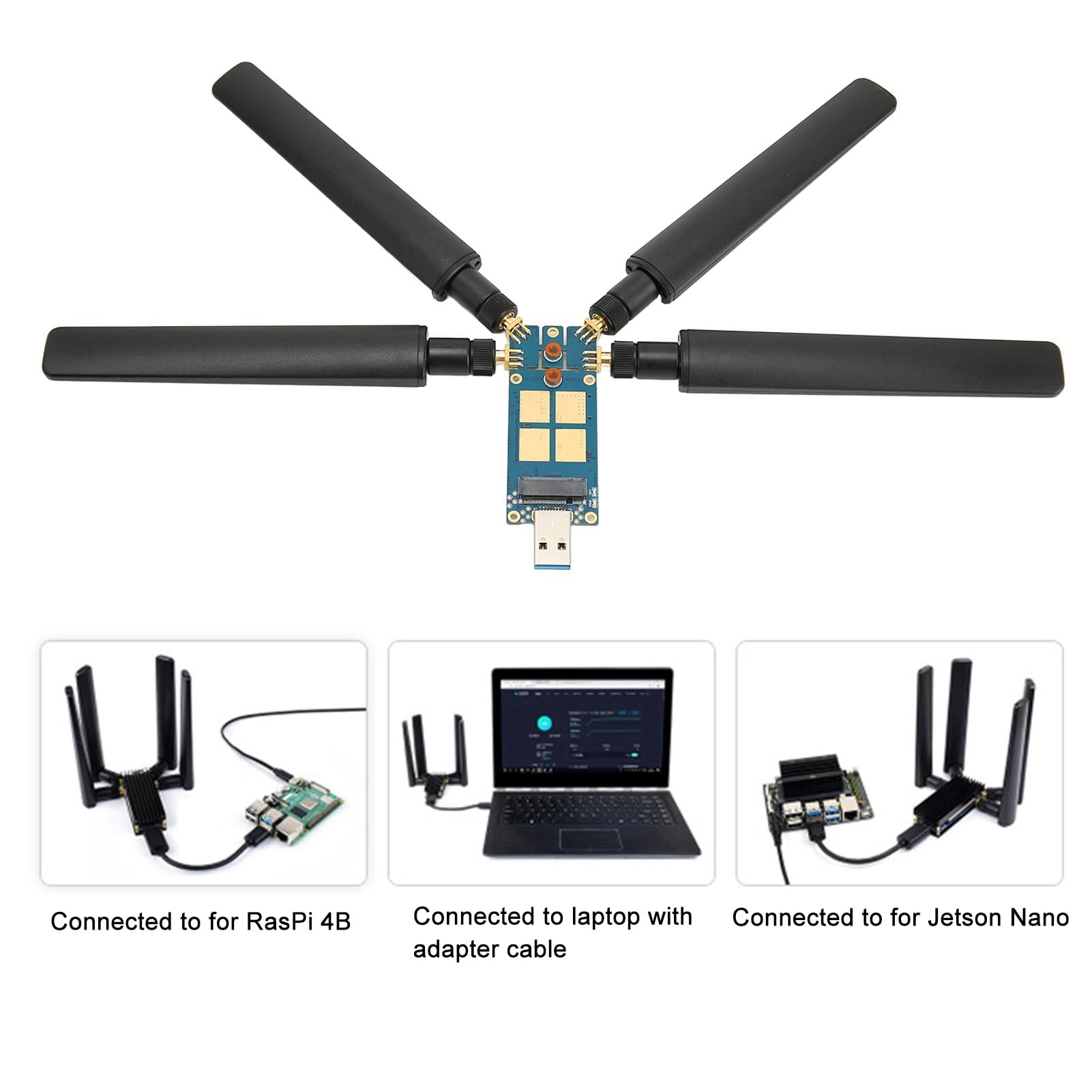 Carte WiFi DONGLE 5G USB3.1 vers M.2 Key B, Carte en Alliage D'aluminium avec 4 Antennes, Indicateur d'alimentation pour Module 5G, Installation et Utilisation Faciles