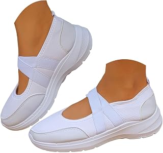 Mary Jane Sneakers for Women Comfortable Ballet Tennis Shoes Fashion Sneakers with Adjustable Elastic Strap Casual Round Toe Memory Foam Slip On Flat Walking Shoes for Travel, Workout, Daily Wear