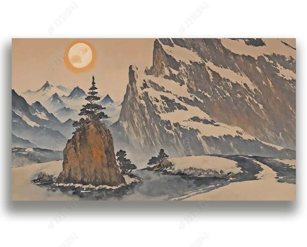 Décoration murale pins de rivière et monts enneigés pour créer un salon style chalet cosy