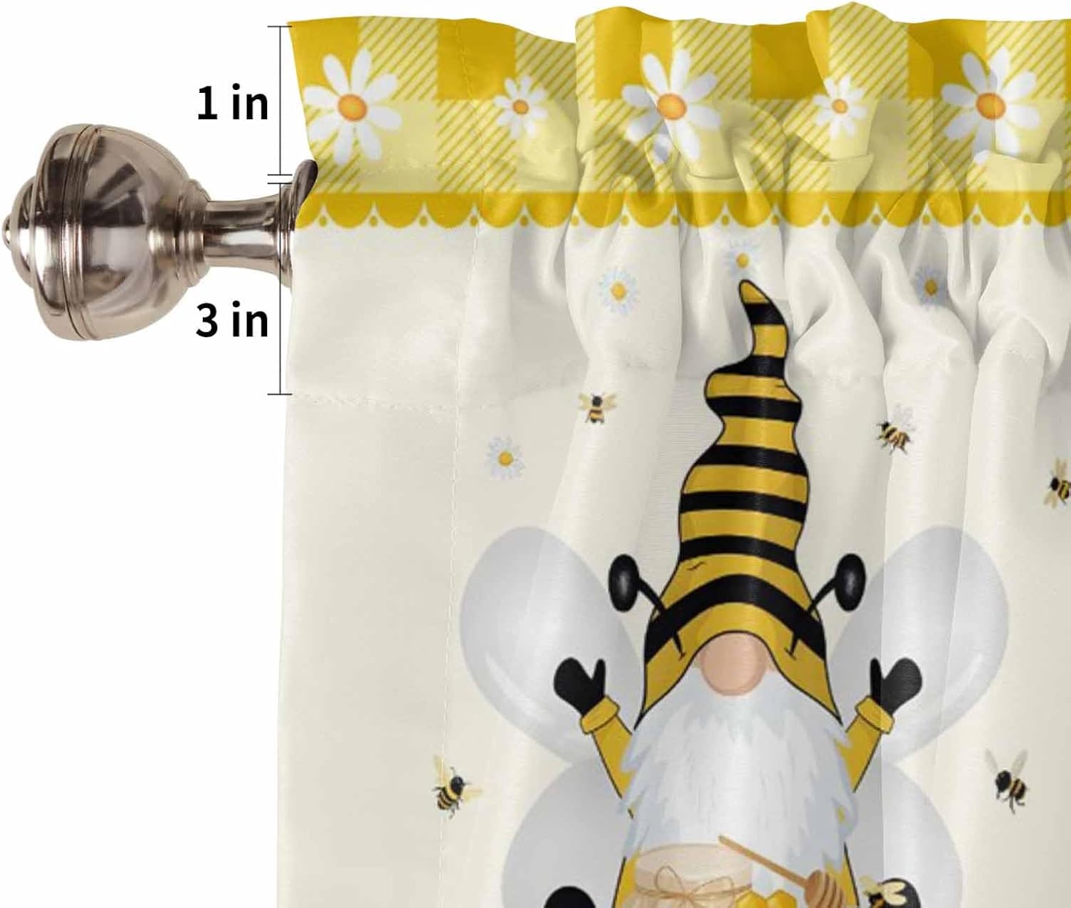 Gnome Bee Window Treatment Panels, Light Filtering Curtains Drapes for Home, Living Room, Bedroom, Kitchen, Hotel 27.5x36inchx2, Sweet Bees Honey Daisy Yellow Plaid