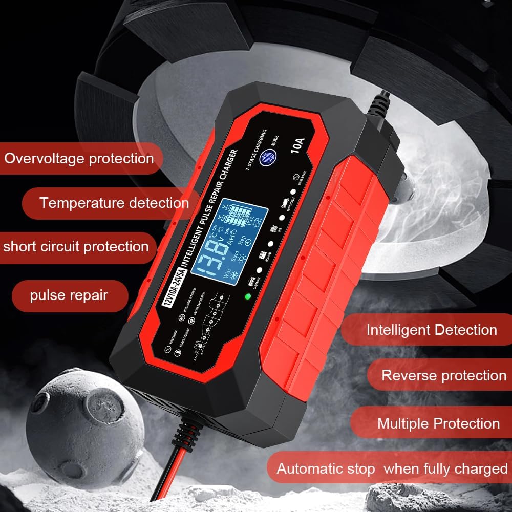 10-Amp 12V/24V Fully Automatic Smart Car Battery Charger, Battery Maintainer Trickle Charger Desulfator with Temperature Compensation for Car Truck Lawn Mower Boat