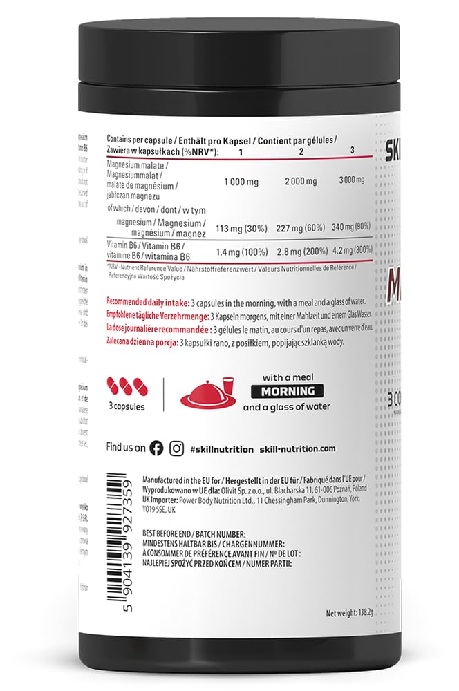 Skill Nutrition Magnesium Malate + Vitamin B6 120 kapsułek | 340 mg magnezu w porcji | 3000 mg jabłczanu magnezu, aktywna B6 P-5-P | Bez tlenku magnezu
