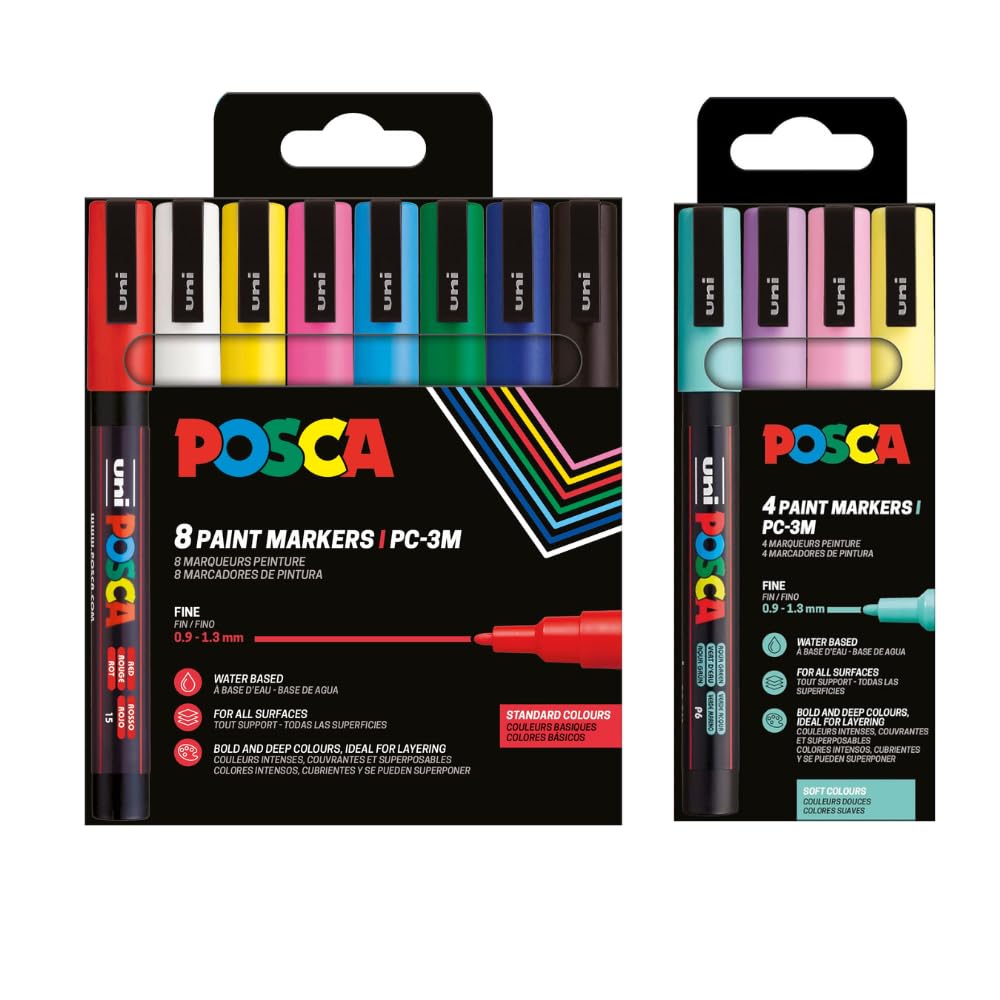 POSCA PC-3M-Set de 12 Rotuladores Punta Media – 8 Colores Básicos + 4 Colores Pastel – Tinta Acrílica Permanente para Papel, Madera, Vidrio, Tela, Piedra y Más