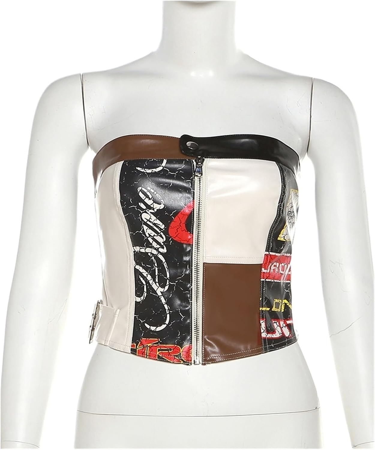 PU Leather Patchwork Print Tube Tops Women Zip Button Vintage Summer Trend Casual Corset Top Streetwear Wild Vest