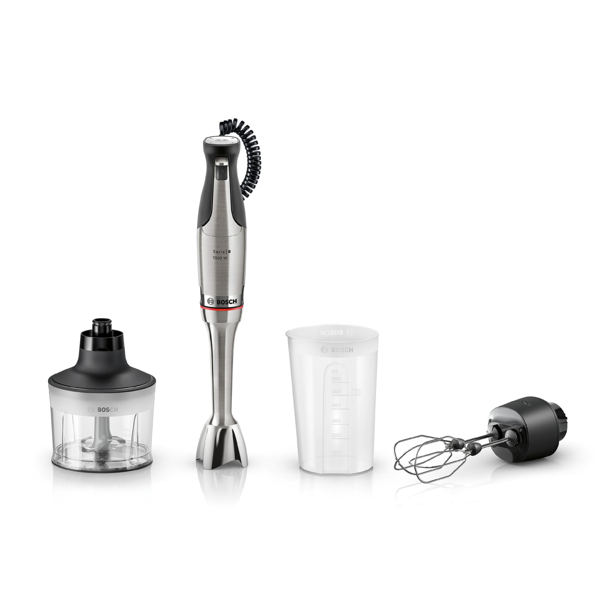 Bosch Stabmixer, Mixbecher, Universalzerkleinerer, Doppelschneebesen, Edelstahl Klingen, spülmaschinenfest, Spiralkabel, 1500 Watt, ErgoMaster Serie 8 MSM8M934