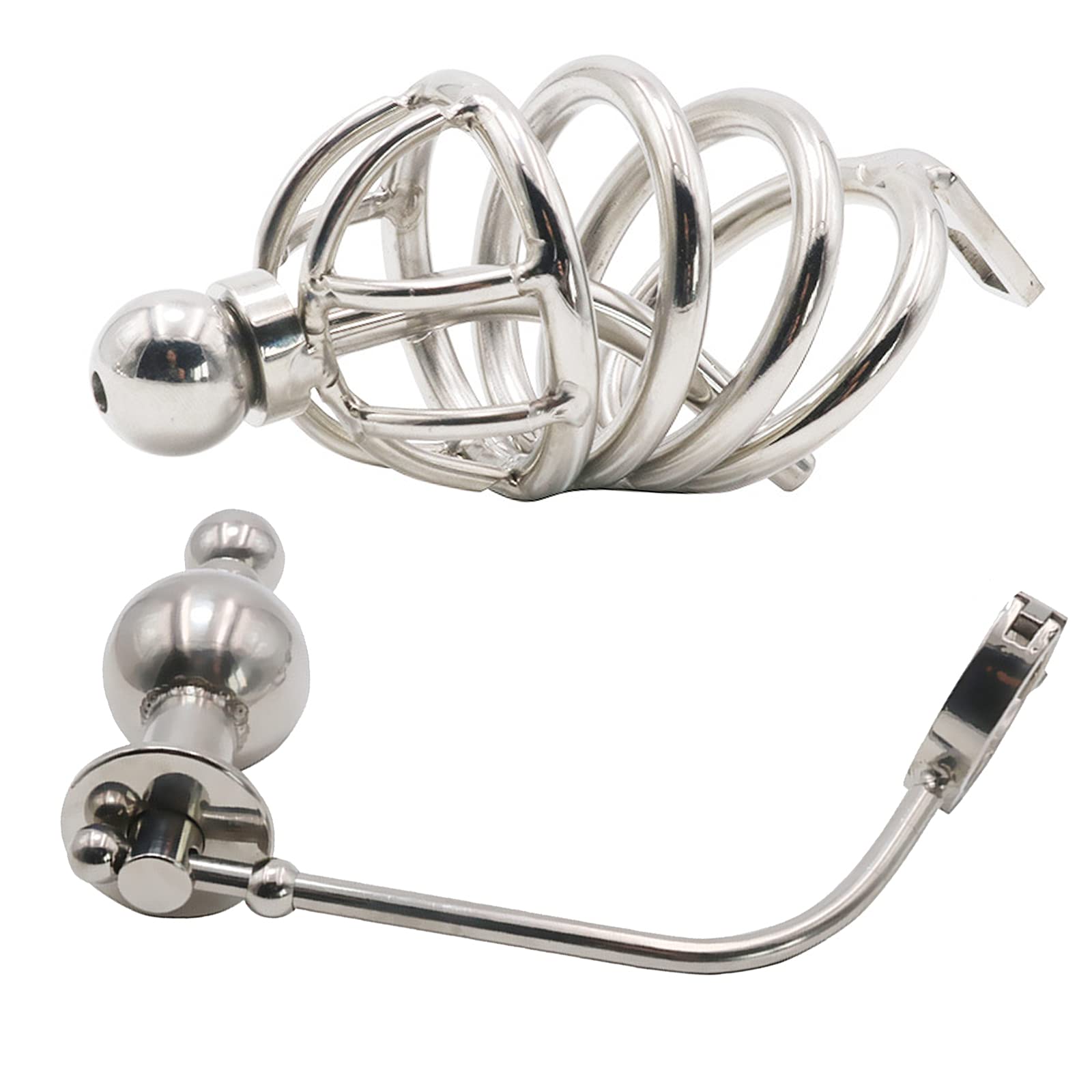 Gabbia per pene Cintura di castità con catetere e plug anale Sfere anali Castità in metallo Gabbia di castità Butt Plug Gabbia per cazzi con plug per pene Gancio anale(Ø38.1mm)