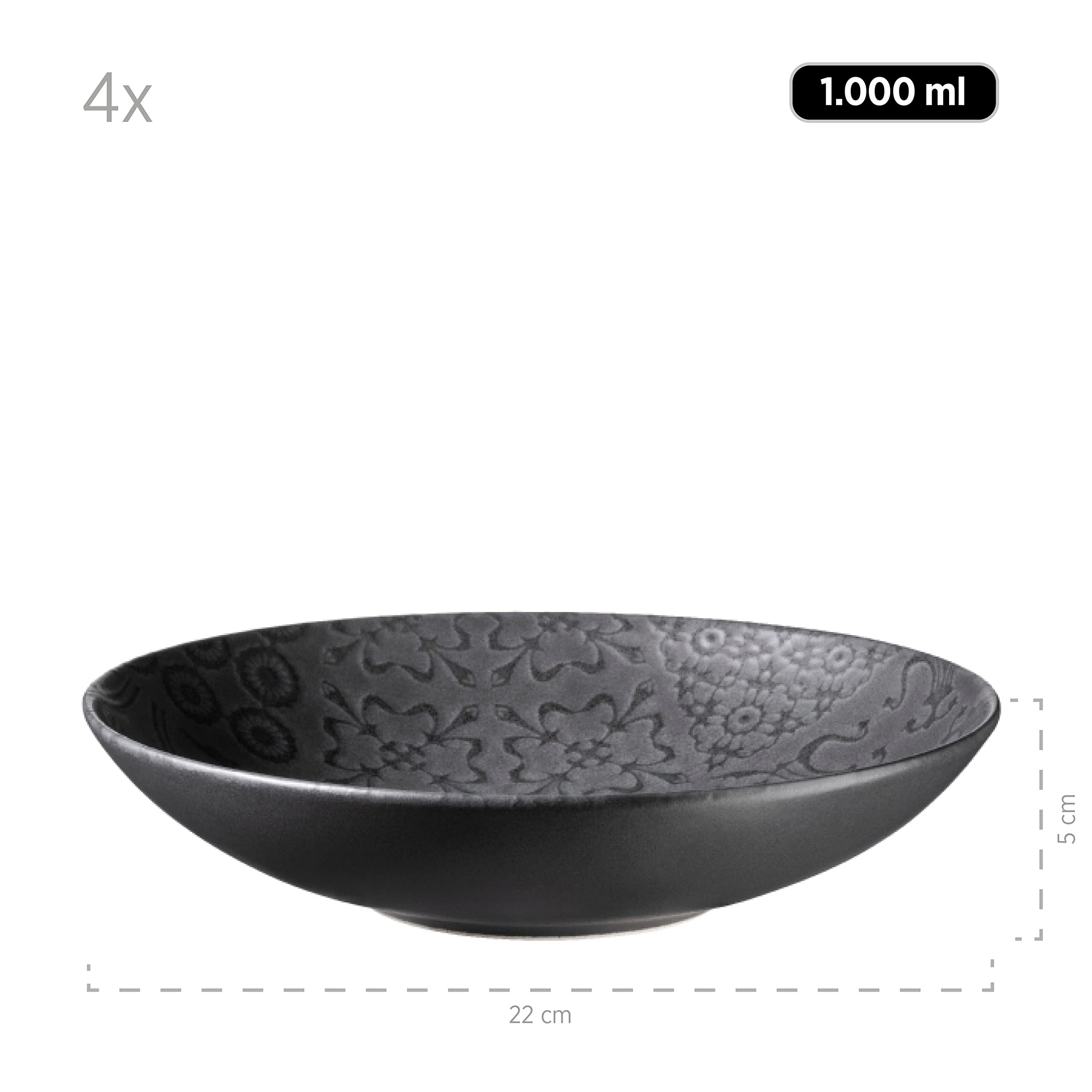 MÄSER 935076 Serie Tiles Vintage Tafelservice für 4 Personen im maurischen Stil mit moderner Mattglasur, 12-teiliges Keramikgeschirr Teller Set, Steinzeug, Schwarz