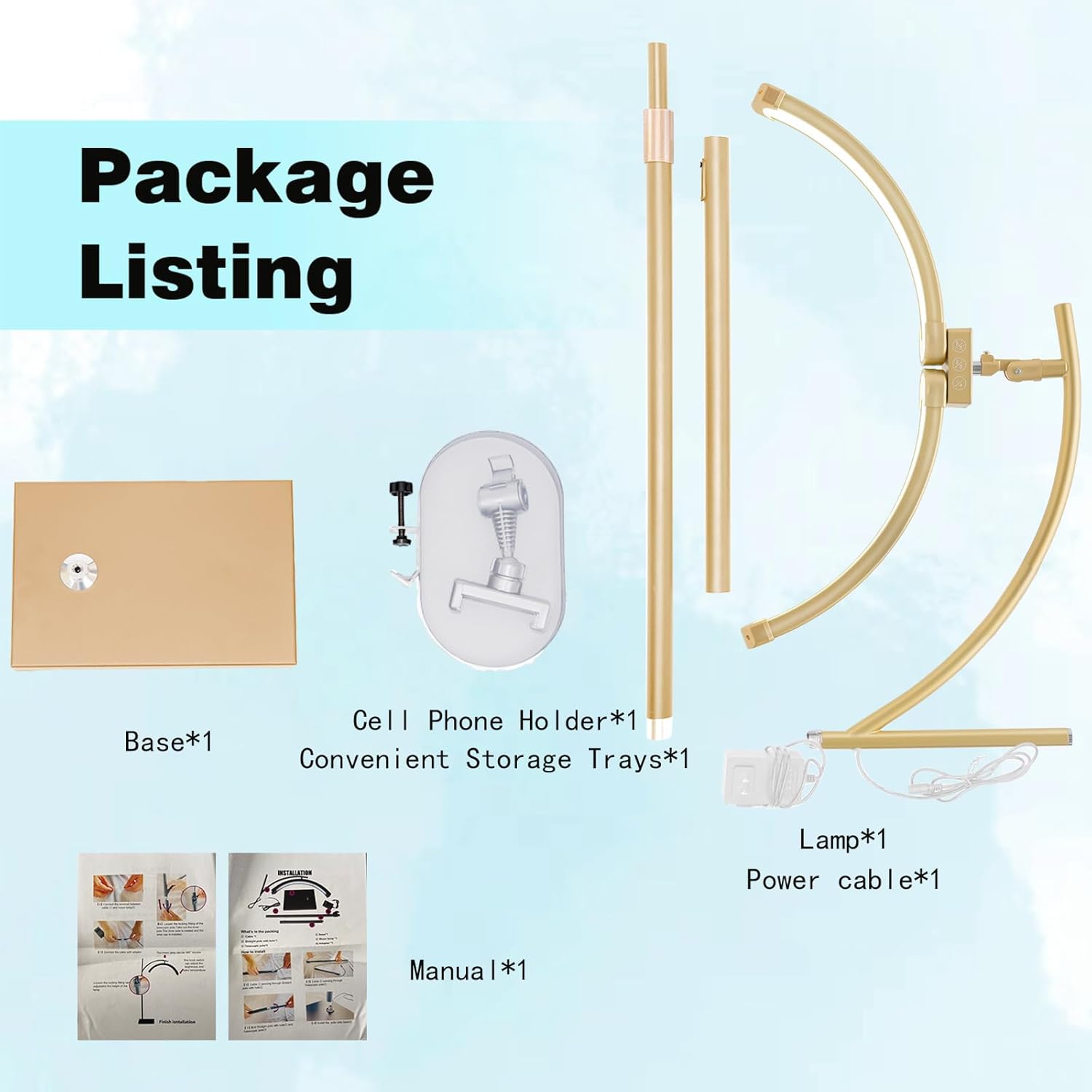 Lash Light Esthetician Lamp for Lash Extensions - LED Floor Lash Lamp Half Moon Ring Facial Light for Eyelash Tech with Pallets & Phone Holder for Tattoo Artists, Nail Tech Z Gold