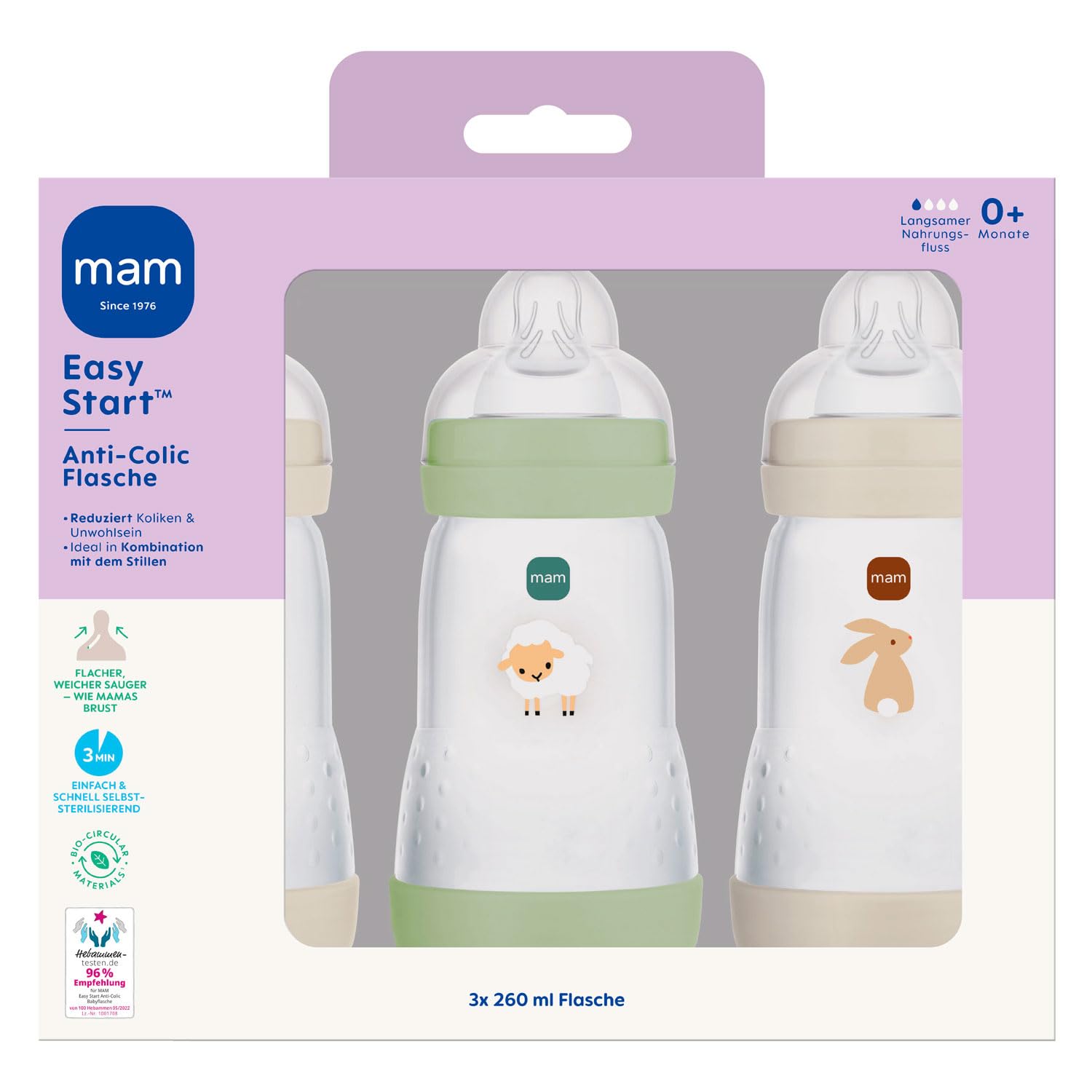 MAM Anti Colic - Bottiglia da 260 ml, confezione da 3 con tettarella, misura 1 0 mesi